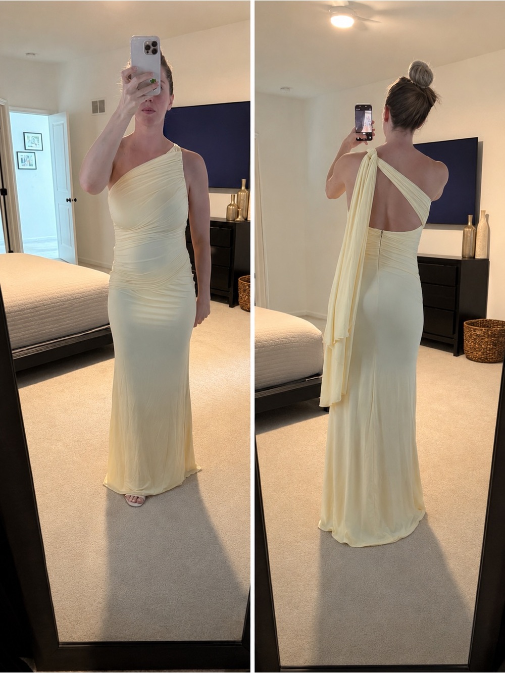 One-Shoulder Pale Yellow Evening Dress with Draped Back Sash